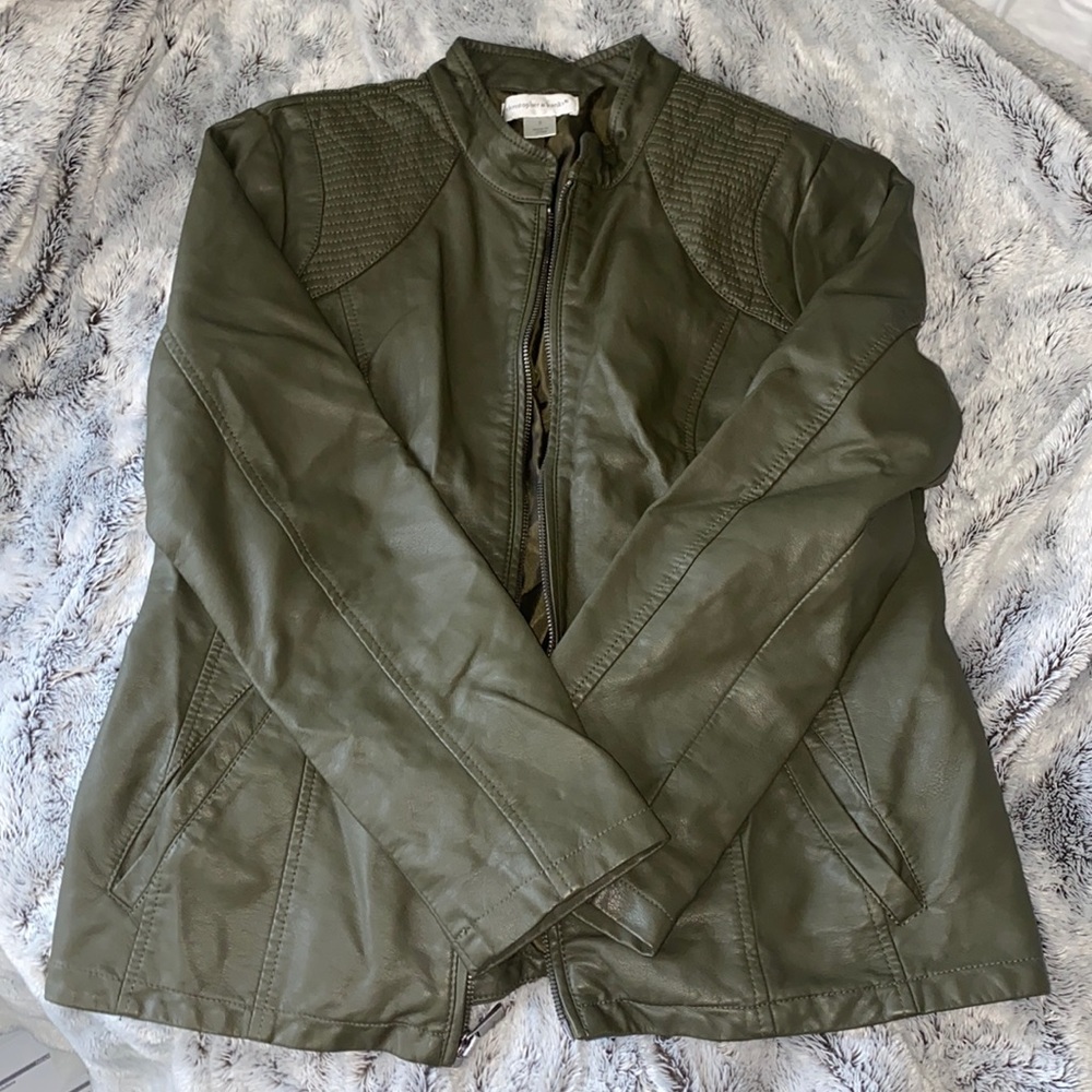 Christopher & Banks Faux Leather Jacket Army Green